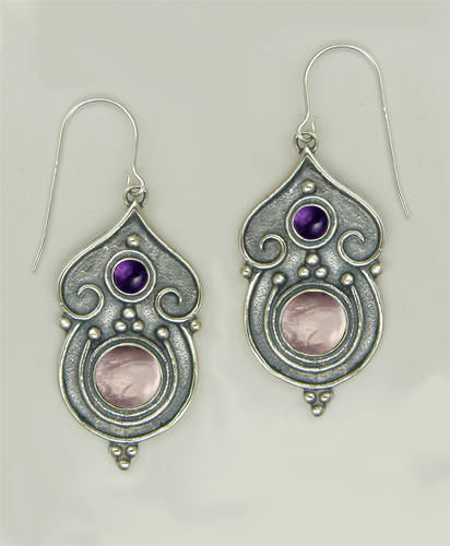 Sterling Silver Gothic Inspired Drop Dangle Earrings With Rose Quartz And Amethyst